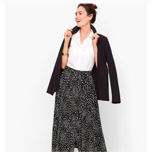 Talbots Polka Dot Navy Midi Skirt Cloth Covered Buttons Size 12 - Picture 1 of 10